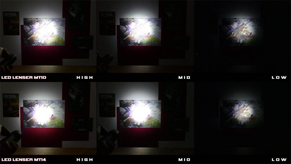 Comparaison de la puissance lumineuse des LED Lenser MT10 et MT14 en mode focalisé